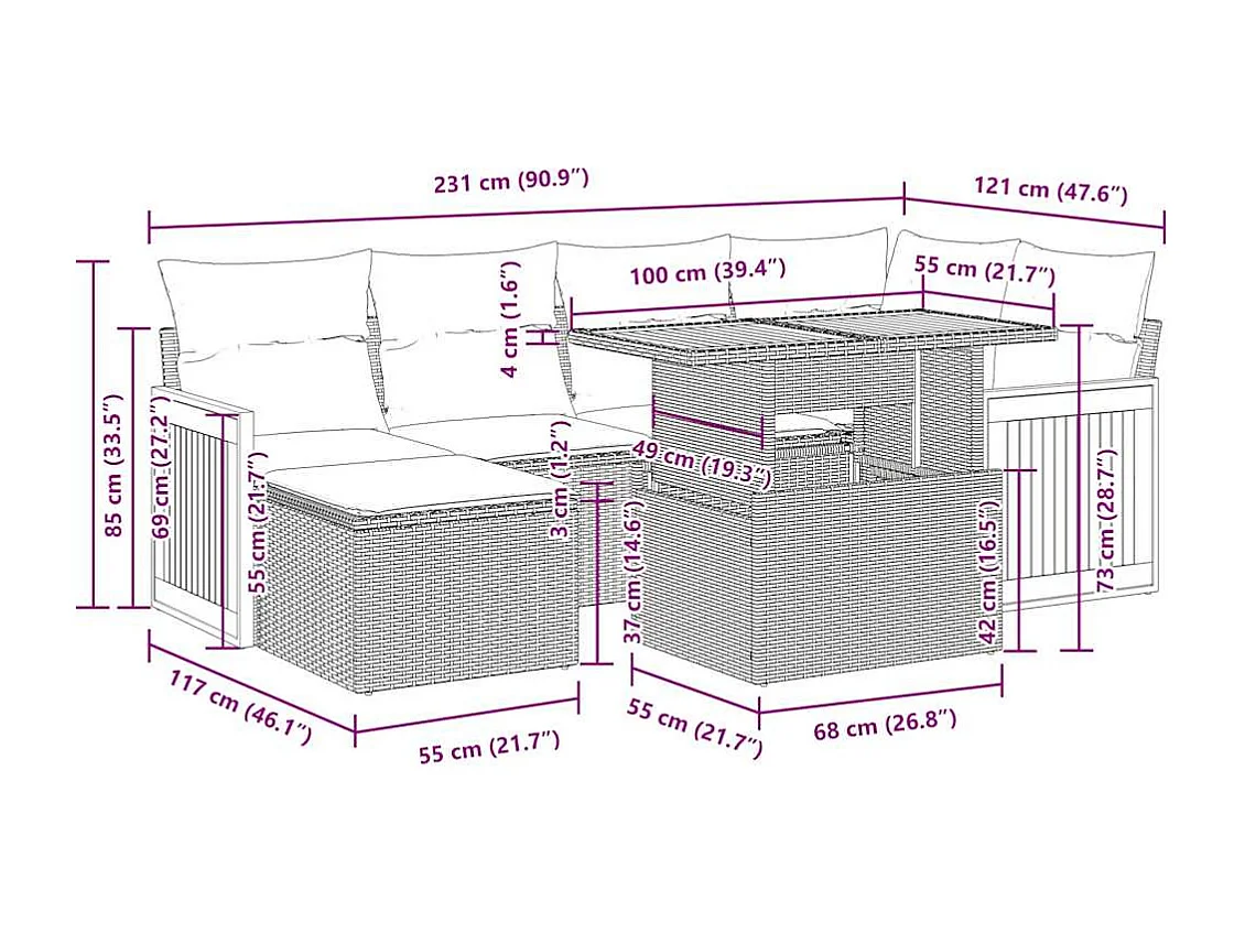 7-tlg. Garten-Sofagarnitur mit Kissen Schwarz Poly Rattan