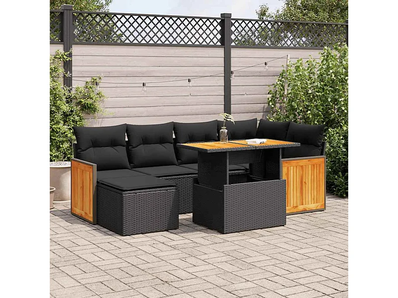 Salon de jardin avec coussins 7 pcs noir résine tressée acacia