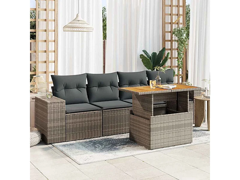 Set Divano da Giardino 5 pz con Cuscini Grigio in Polyrattan
