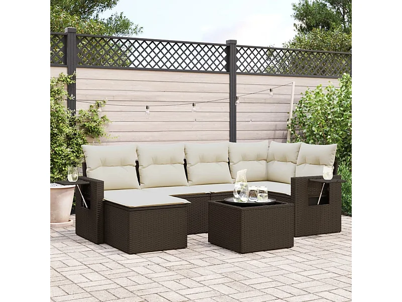 7-tlg. Garten-Sofagarnitur mit Kissen Braun Poly Rattan