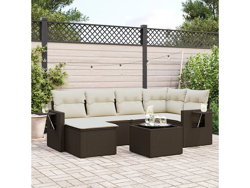 Salon de jardin avec coussins 7 pcs marron résine tressée