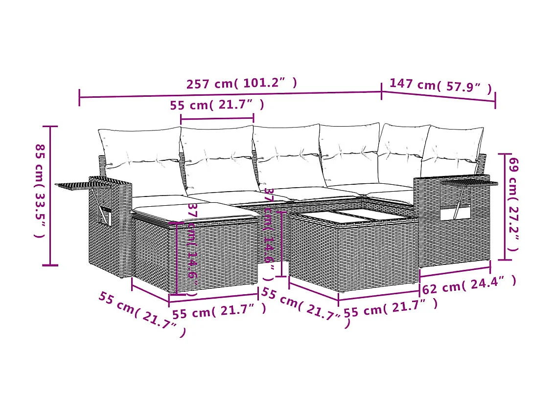 Salon de jardin avec coussins 7 pcs marron résine tressée
