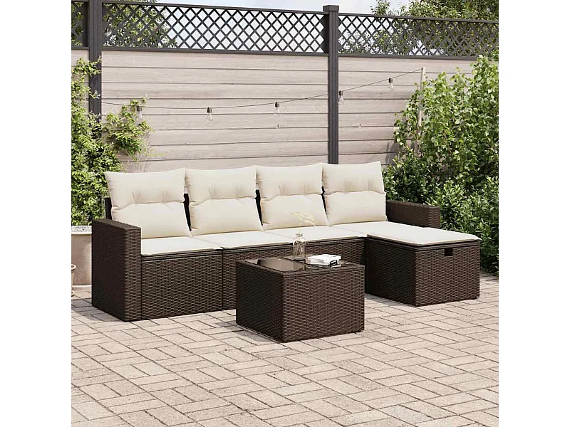 Set Divano da Giardino 6 pz con Cuscini Marrone in Polyrattan