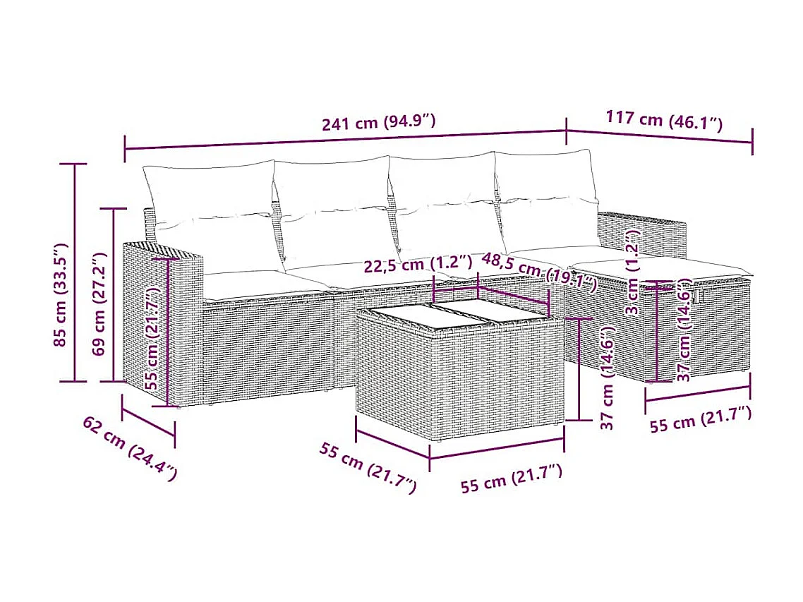 Salon de jardin avec coussins 6 pcs marron résine tressée