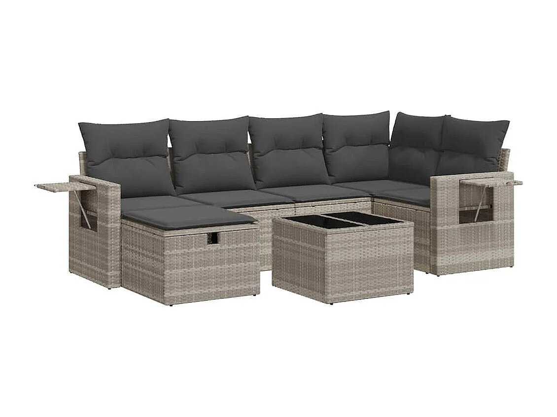 Salon de jardin avec coussins 7 pcs gris clair résine tressée