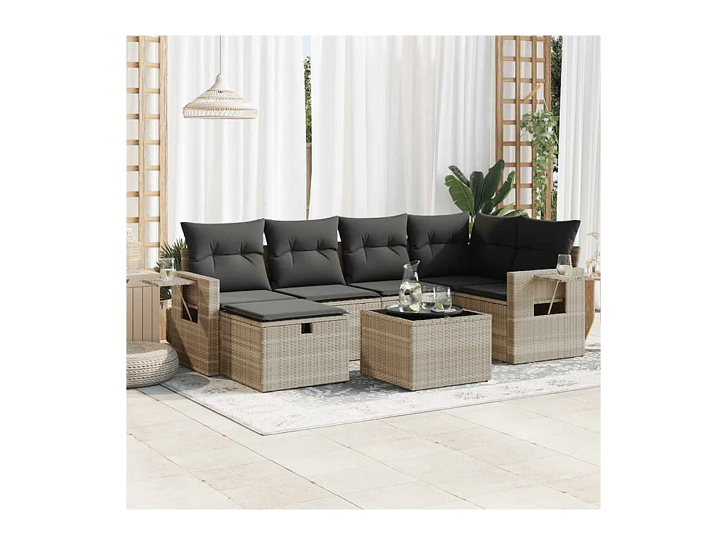 Set Divani da Giardino 7pz con Cuscini Grigio Chiaro Polyrattan
