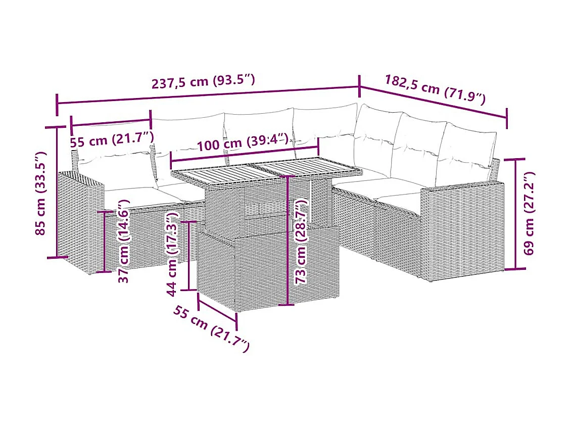 Set Divani da Giardino 7 pz con Cuscini Beige in Polyrattan