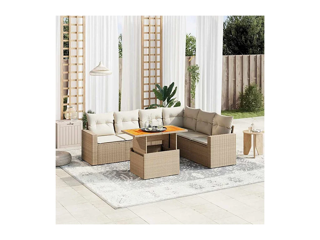 Salon de jardin avec coussins 7 pcs beige résine tressée