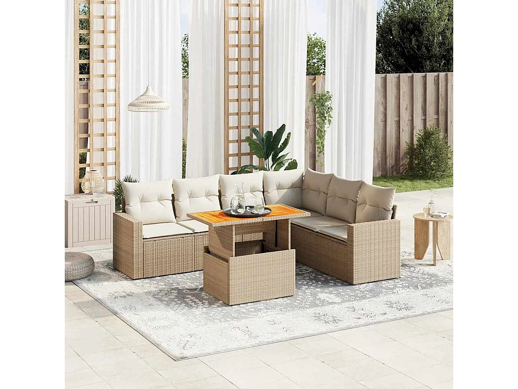 Salon de jardin avec coussins 7 pcs beige résine tressée