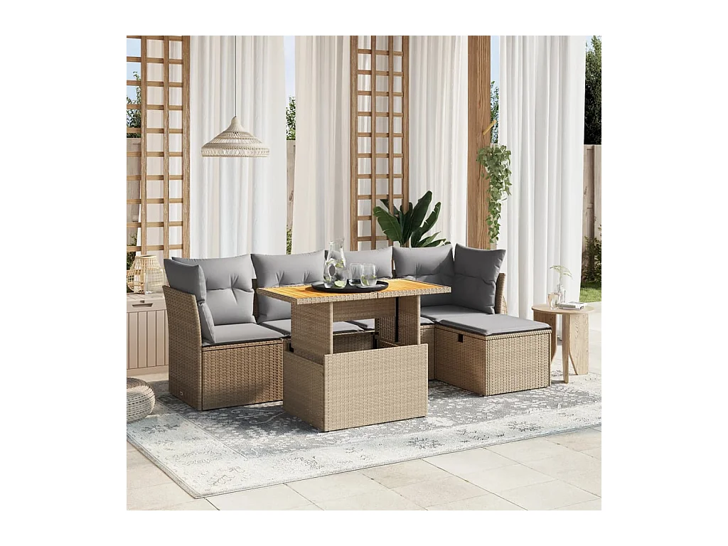 6-delige Loungeset met kussens poly rattan beige