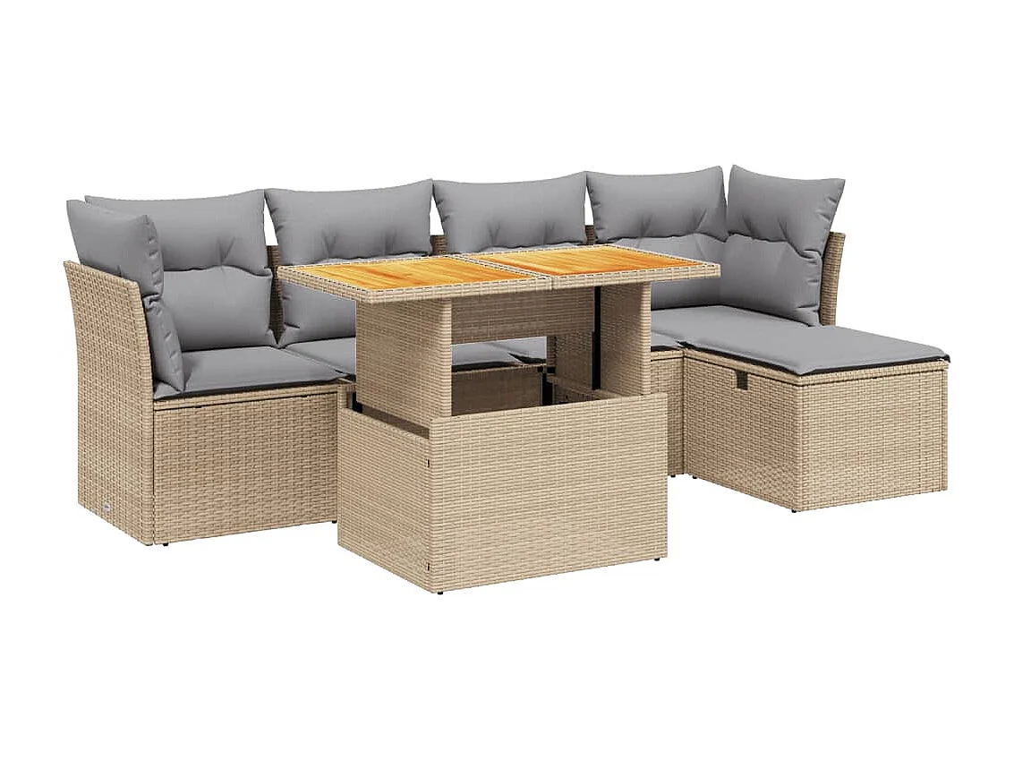 6-delige Loungeset met kussens poly rattan beige