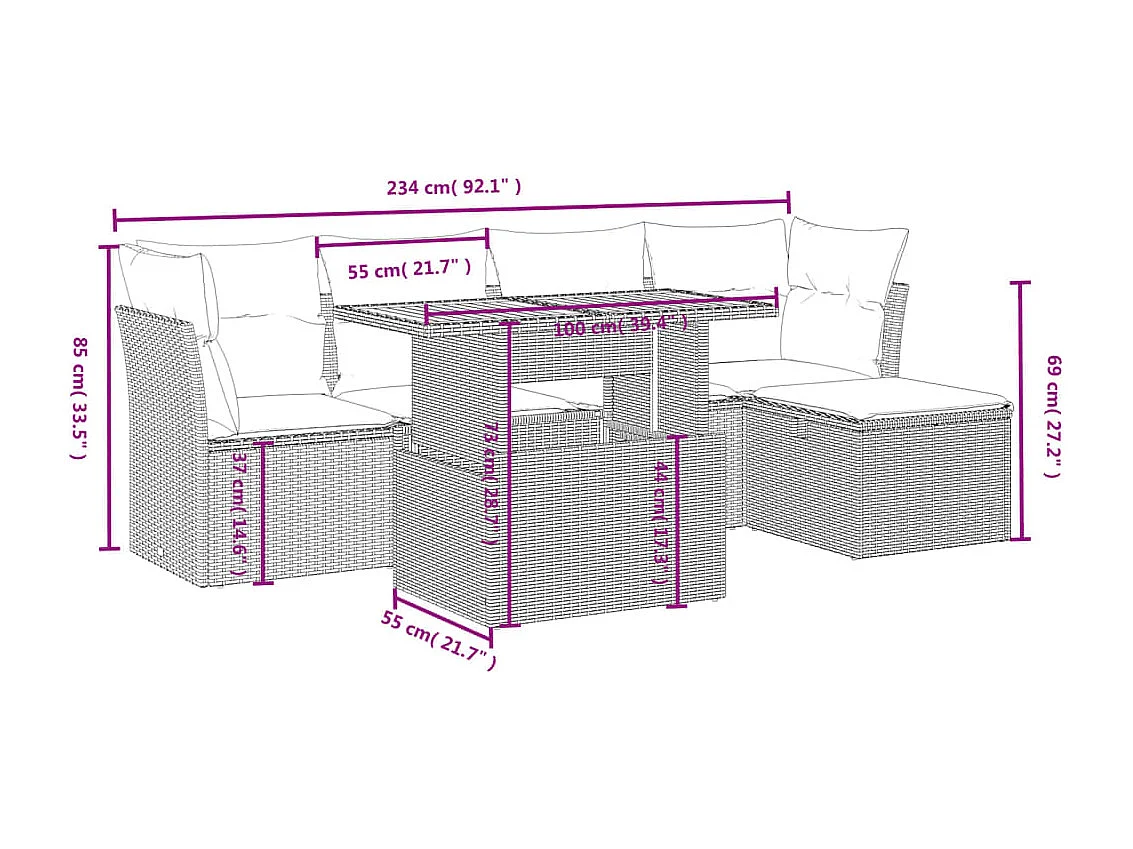 6-delige Loungeset met kussens poly rattan beige