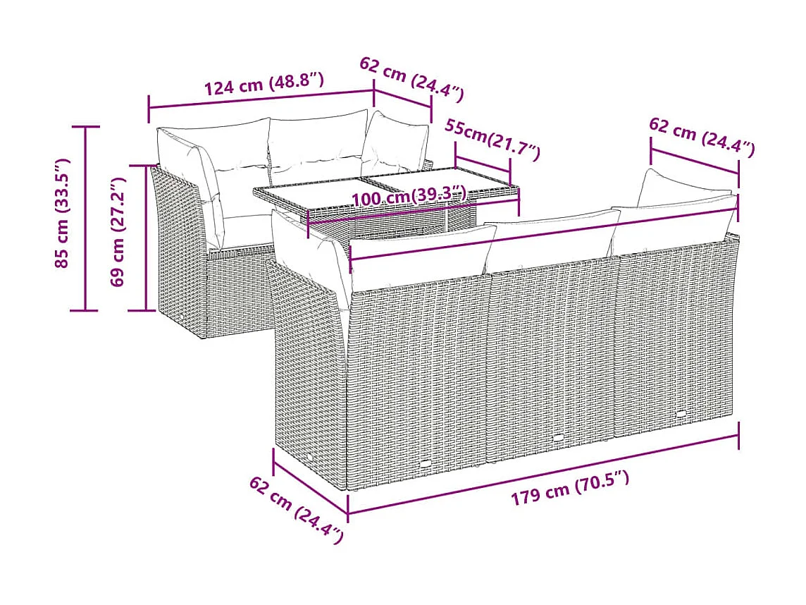 6-delige Loungeset met kussens poly rattan lichtgrijs
