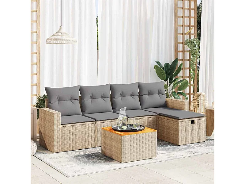 6 pcs conjunto de sofás p/ jardim com almofadões vime PE bege