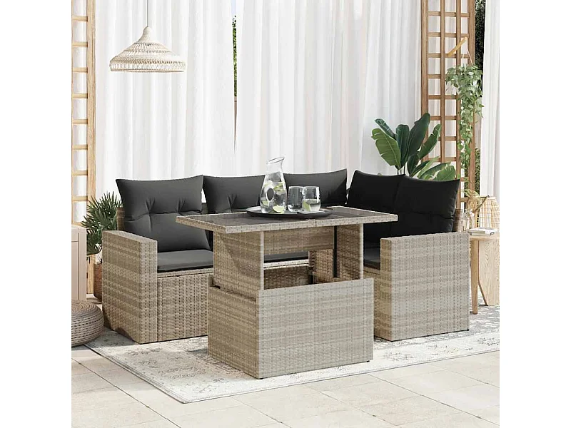 5 pcs conj. sofás jardim c/ almofadões vime PE cinzento-claro