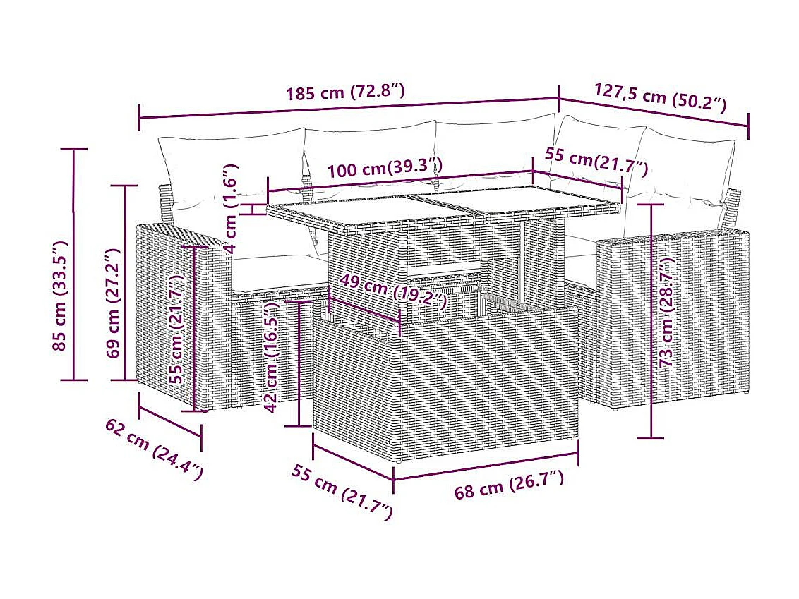 5 pcs conj. sofás jardim c/ almofadões vime PE cinzento-claro