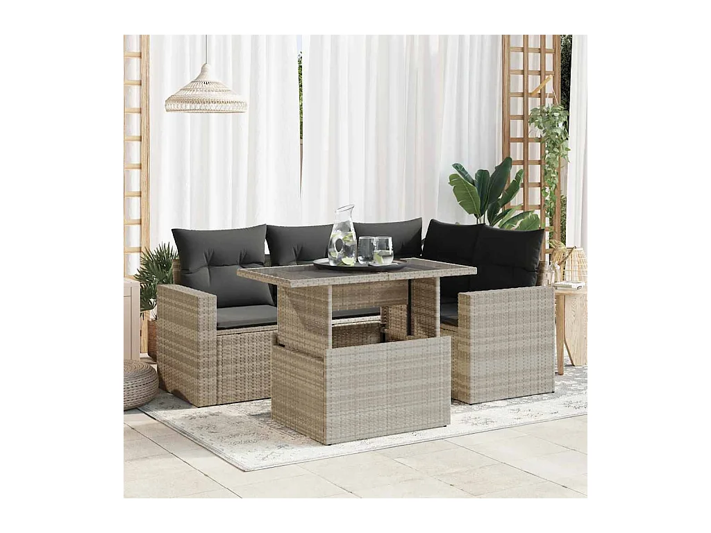 Salon de jardin 5 pcs avec coussins gris clair résine tressée