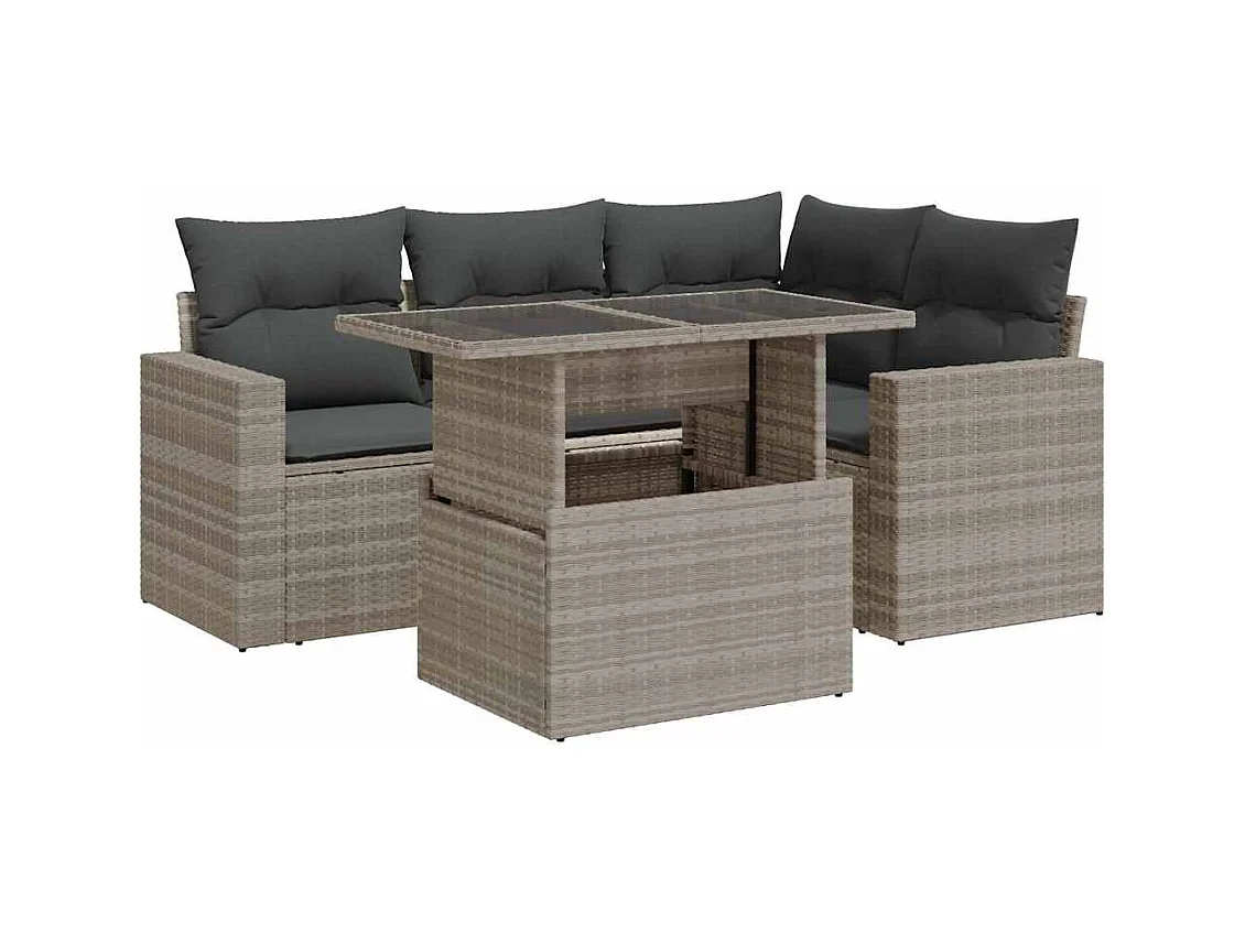 Salon de jardin 5 pcs avec coussins gris clair résine tressée