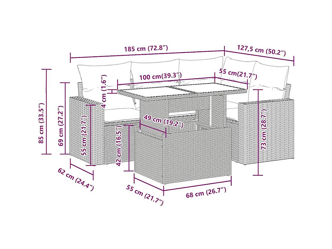 Salon de jardin 5 pcs avec coussins gris clair résine tressée