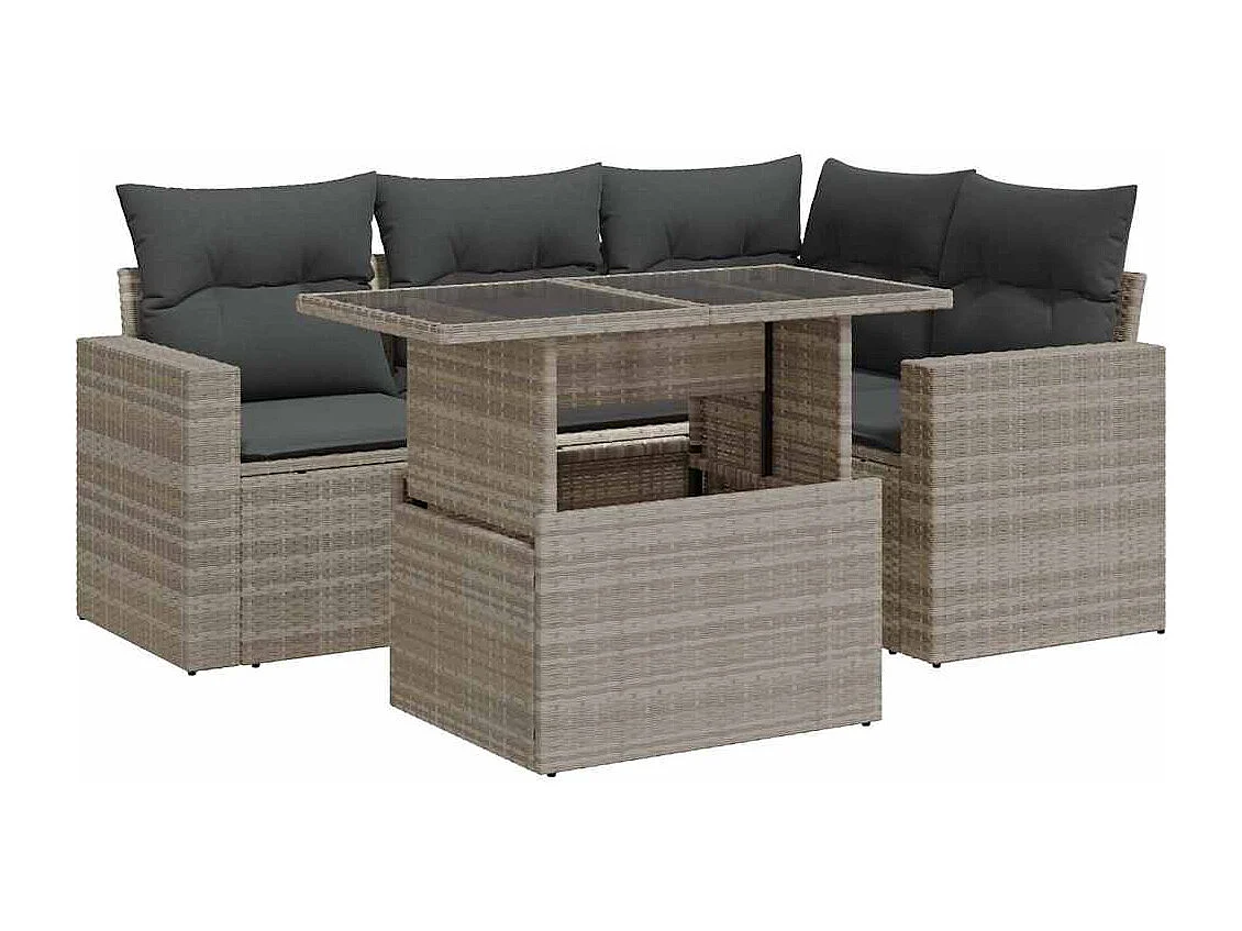 Set de sofás jardín y cojines 5 pzas ratán sintético gris claro