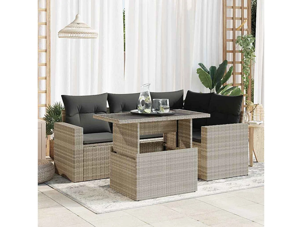 Set de sofás jardín y cojines 5 pzas ratán sintético gris claro