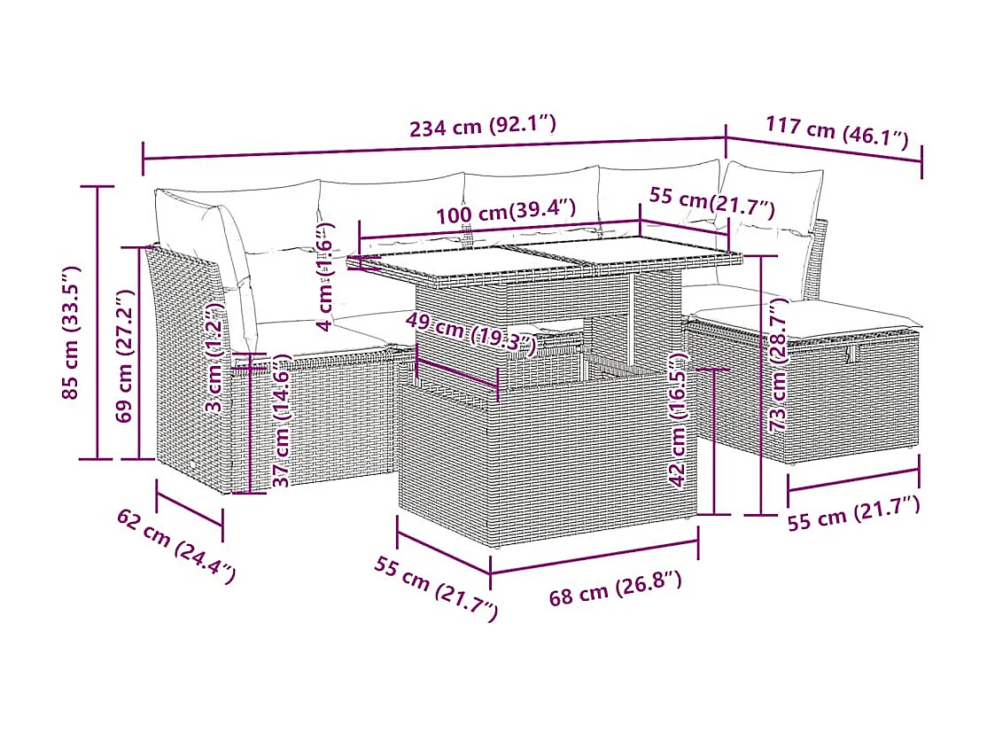 Set Divano da Giardino 6 pz con Cuscini Nero in Polyrattan