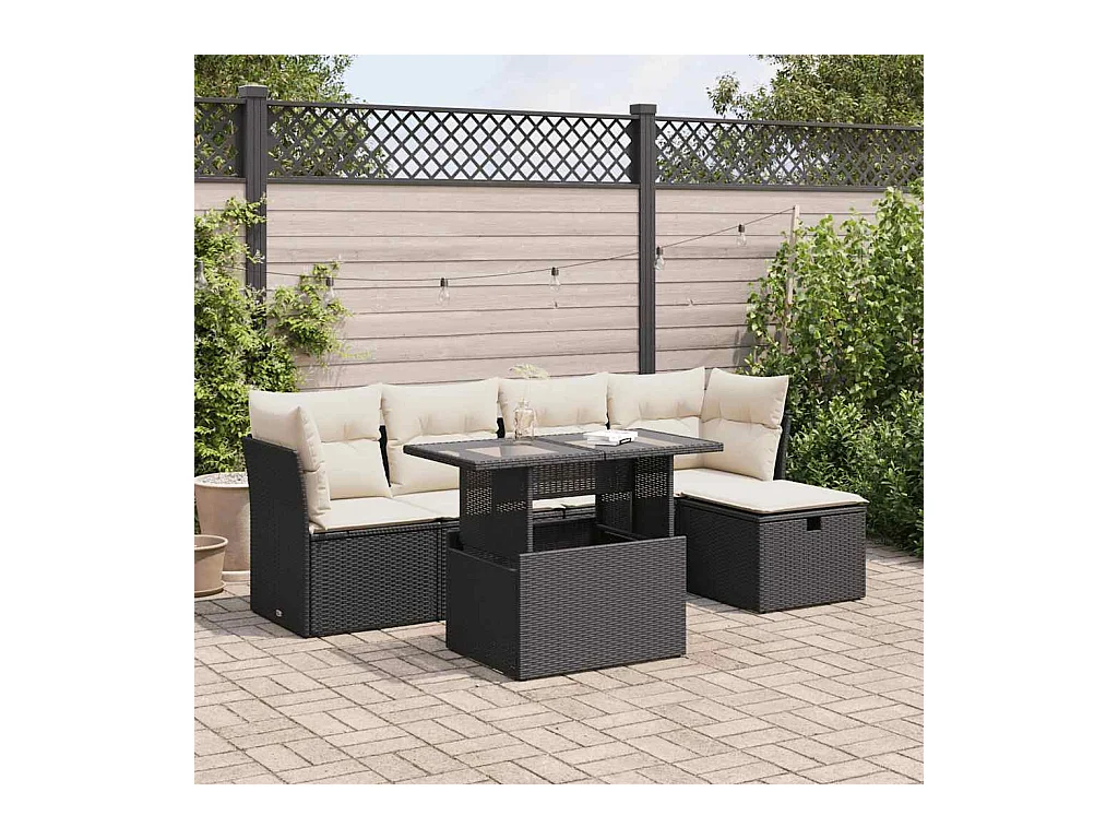Salon de jardin 6 pcs avec coussins noir résine tressée