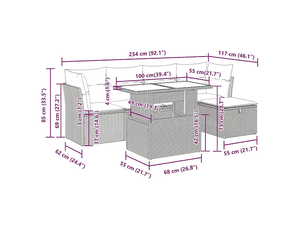 6-tlg. Garten-Sofagarnitur mit Kissen Schwarz Poly Rattan