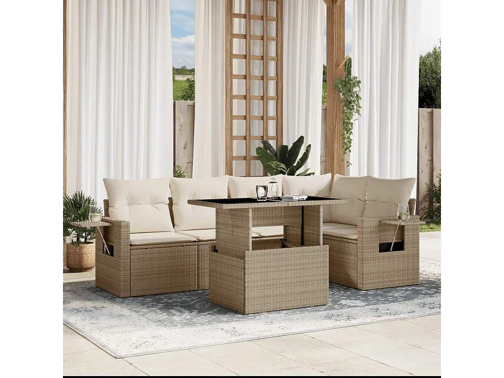 Set Divano da Giardino 6 pz con Cuscini Beige in Polyrattan