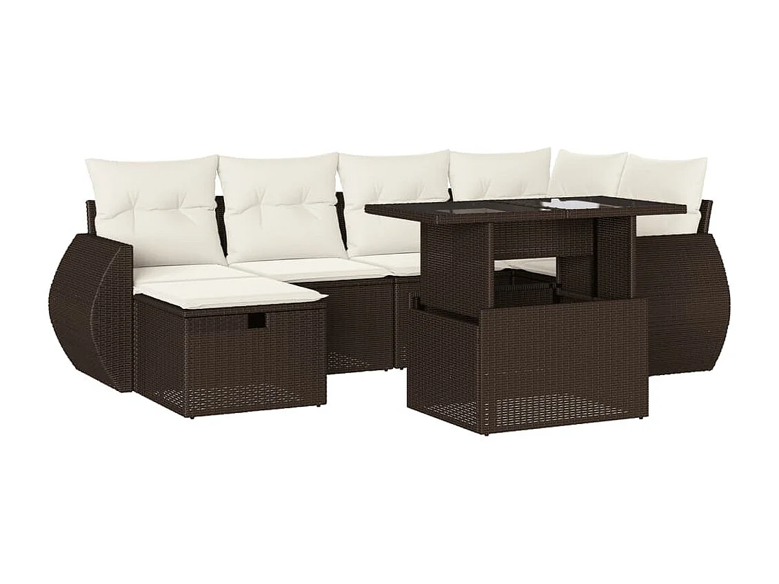 7-delige Loungeset met kussens poly rattan bruin