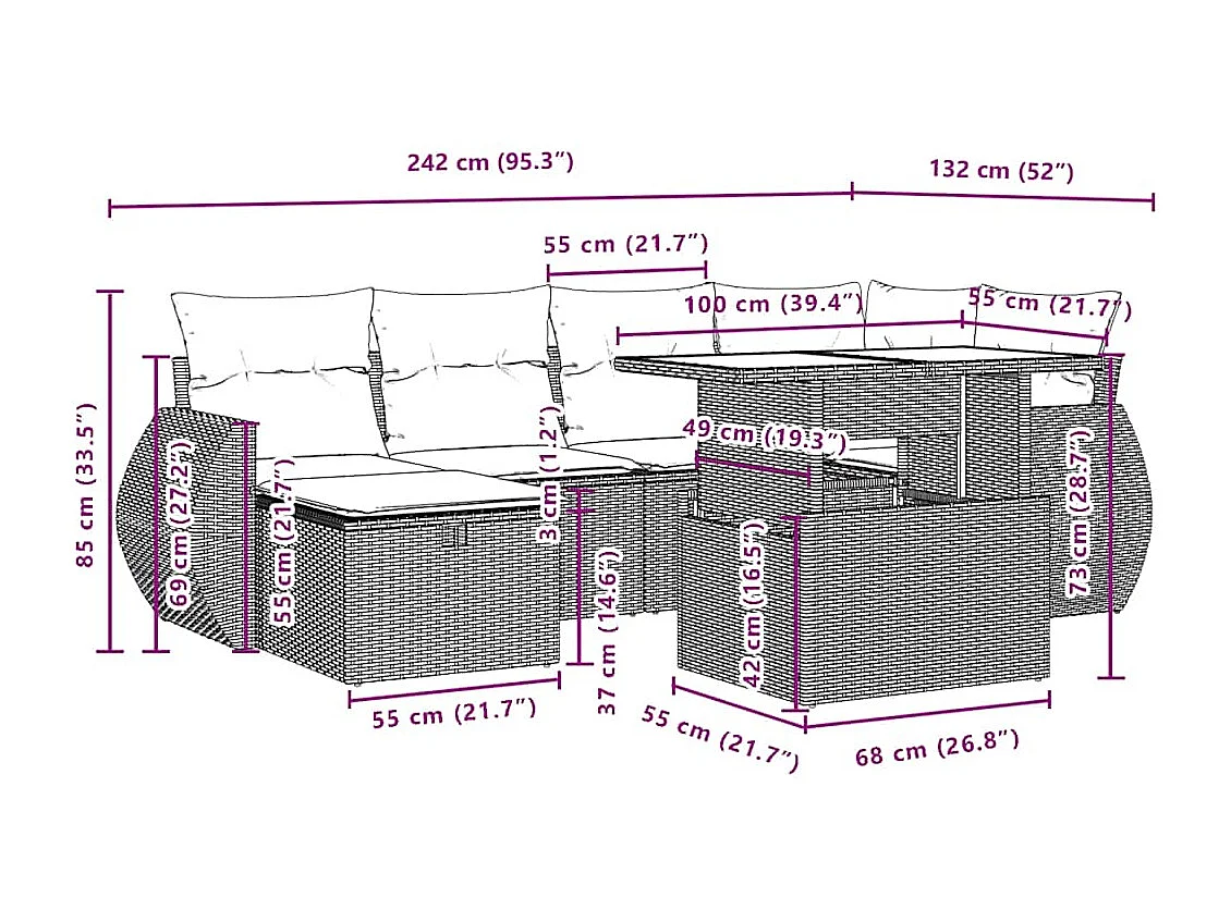 7-delige Loungeset met kussens poly rattan bruin