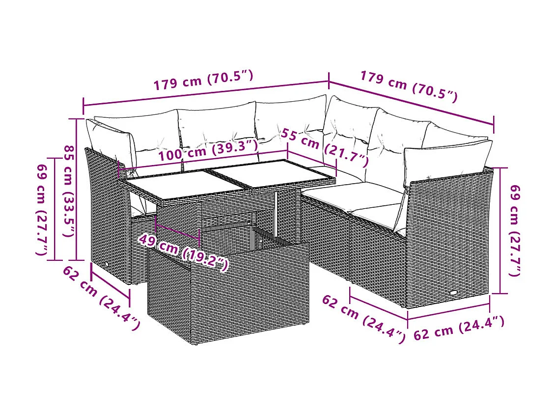 6-delige Loungeset met kussens poly rattan beige