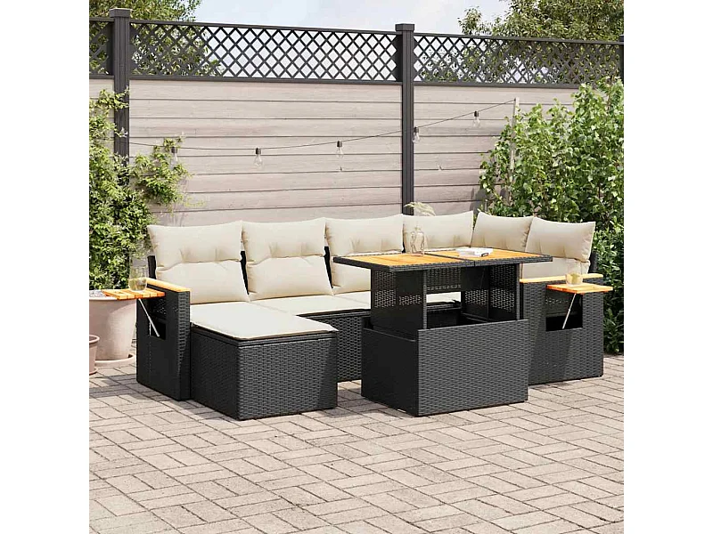 Salon de jardin avec coussins 7 pcs noir résine tressée acacia