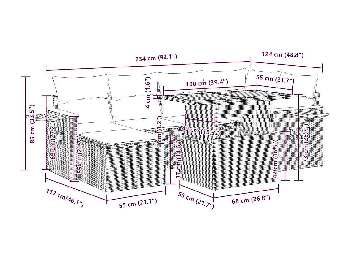 Salon de jardin avec coussins 7 pcs noir résine tressée acacia