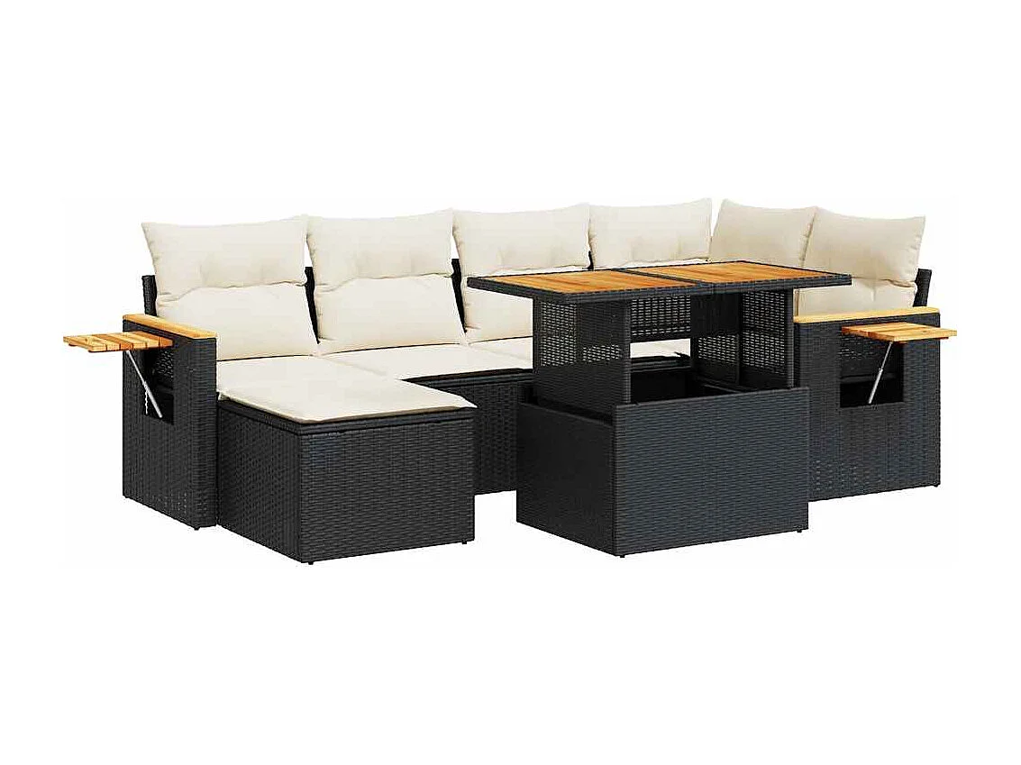Set Divani da Giardino con Cuscini 7pz Nero Polyrattan Acacia