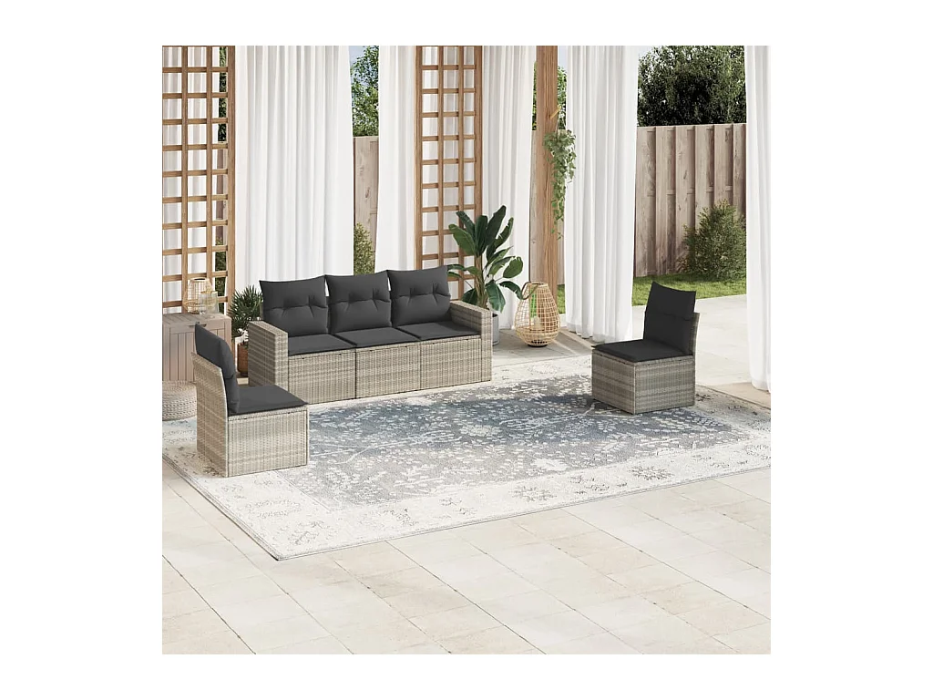 Salon de jardin 5 pcs avec coussins gris clair résine tressée