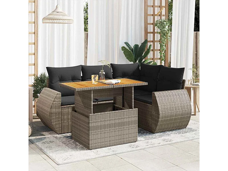 Salon de jardin 5 pcs avec coussins gris résine tressée