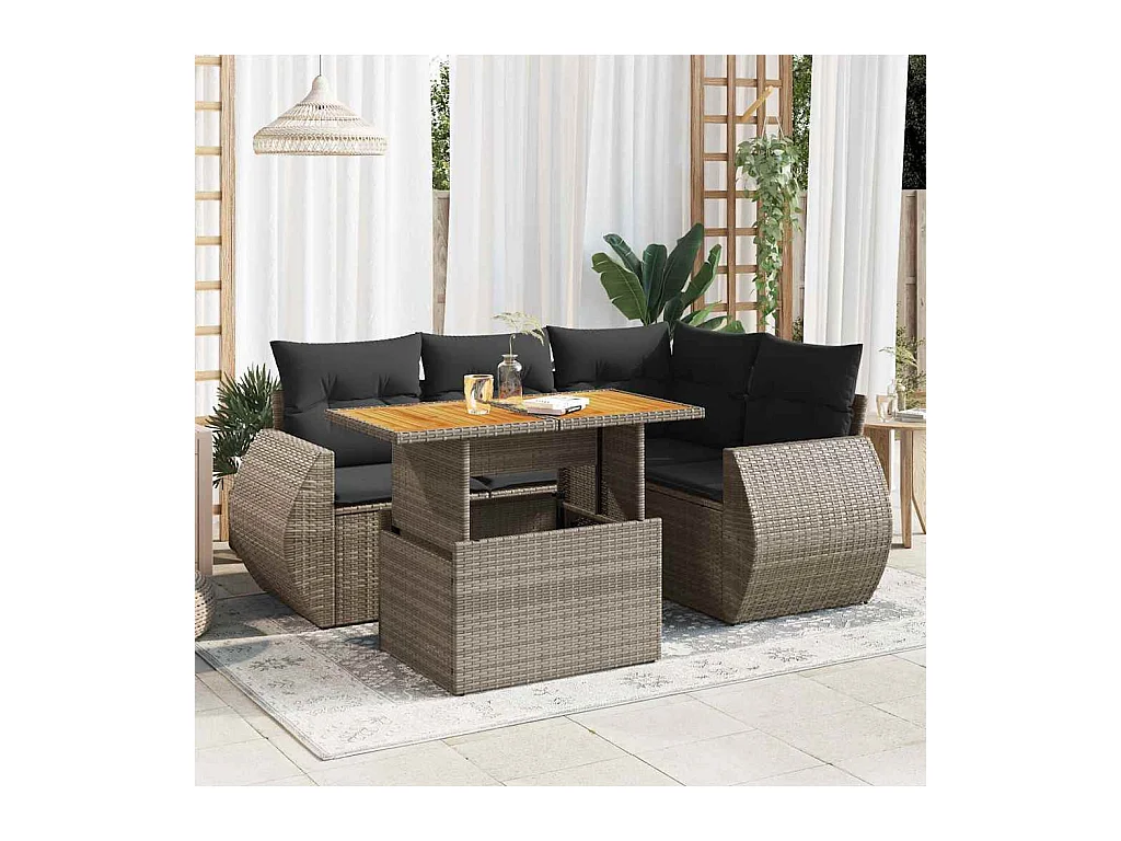 5-tlg. Garten-Sofagarnitur mit Kissen Grau Poly Rattan