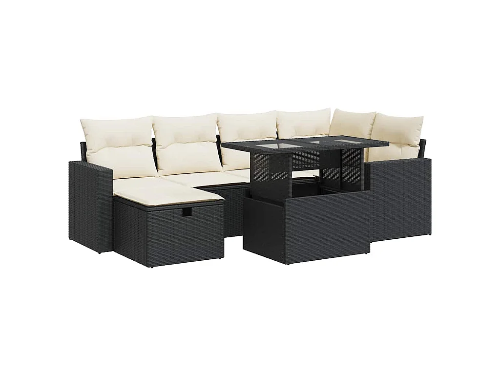 7 pcs conjunto de sofás p/ jardim c/ almofadões vime PE preto