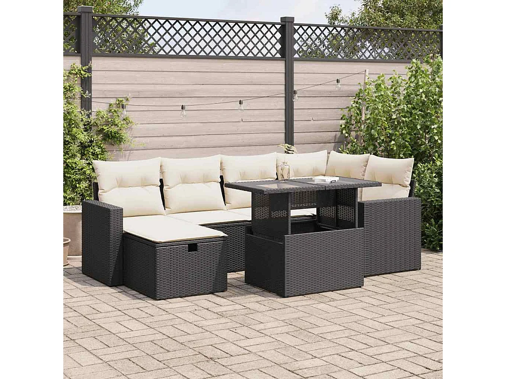 7 pcs conjunto de sofás p/ jardim c/ almofadões vime PE preto