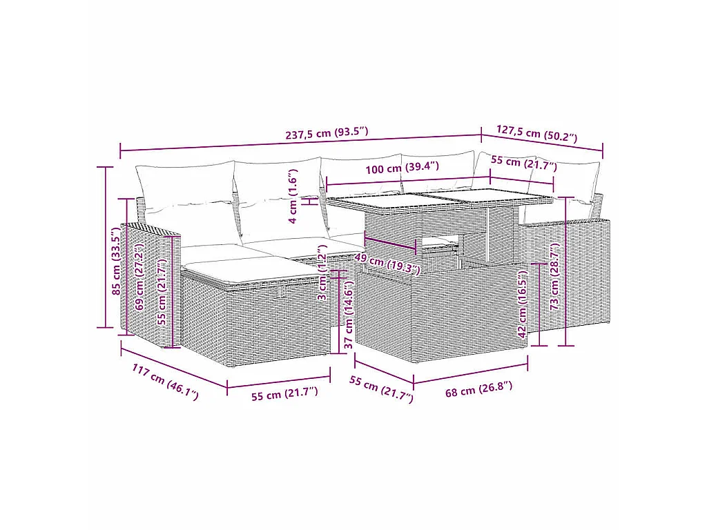 7 pcs conjunto de sofás p/ jardim c/ almofadões vime PE preto