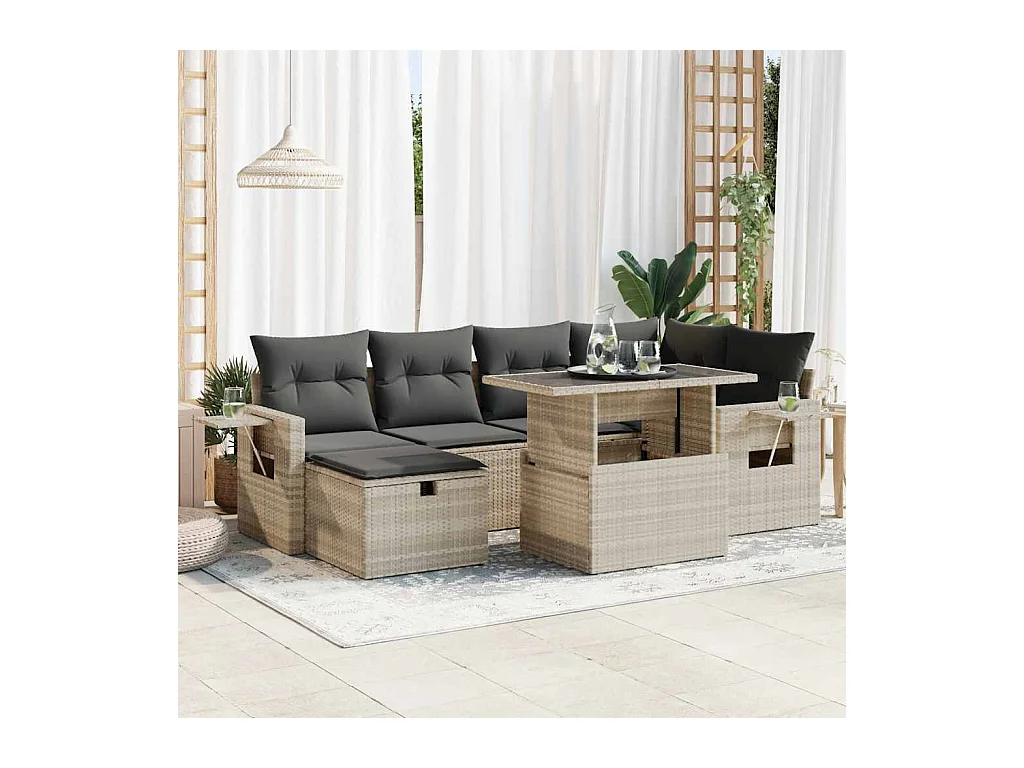 Salon de jardin avec coussins 7 pcs gris clair résine tressée