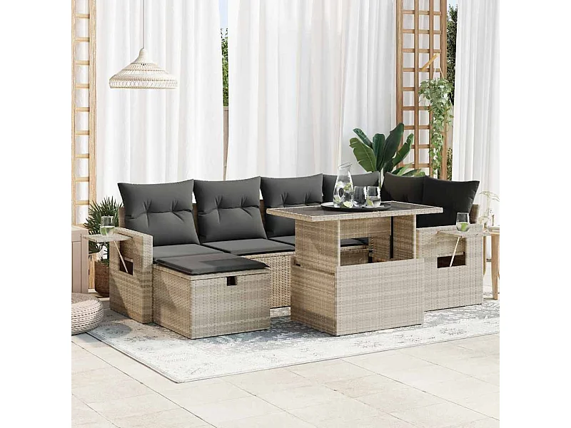 Salon de jardin avec coussins 7 pcs gris clair résine tressée