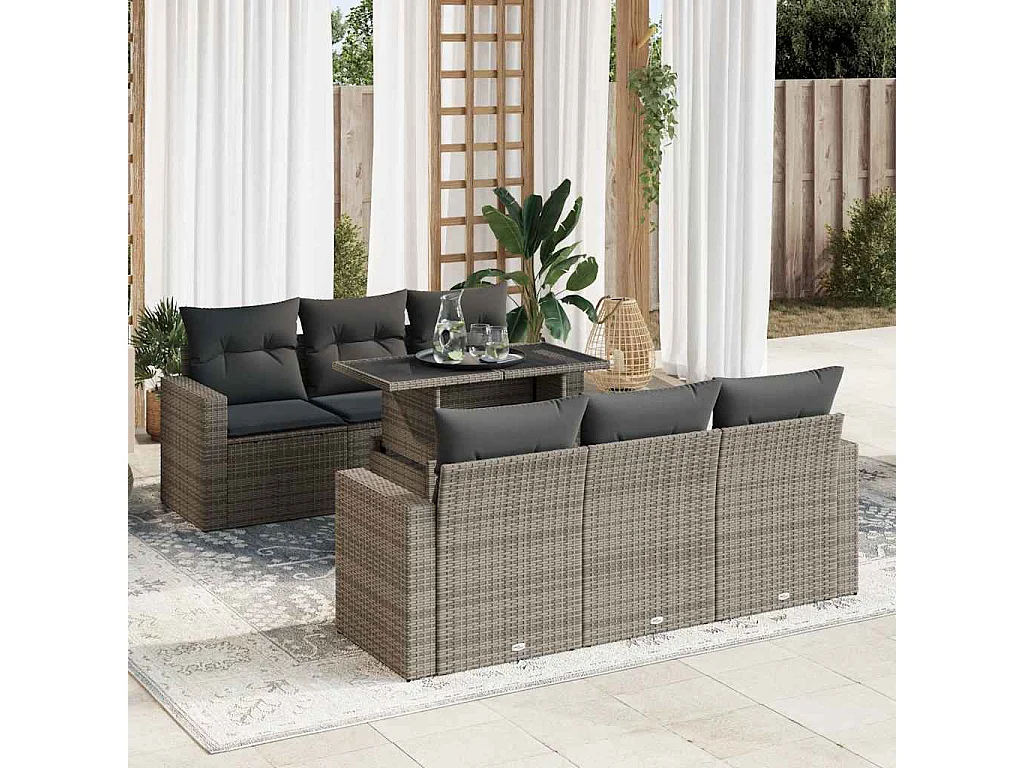 Salon de jardin avec coussins 7 pcs gris résine tressée