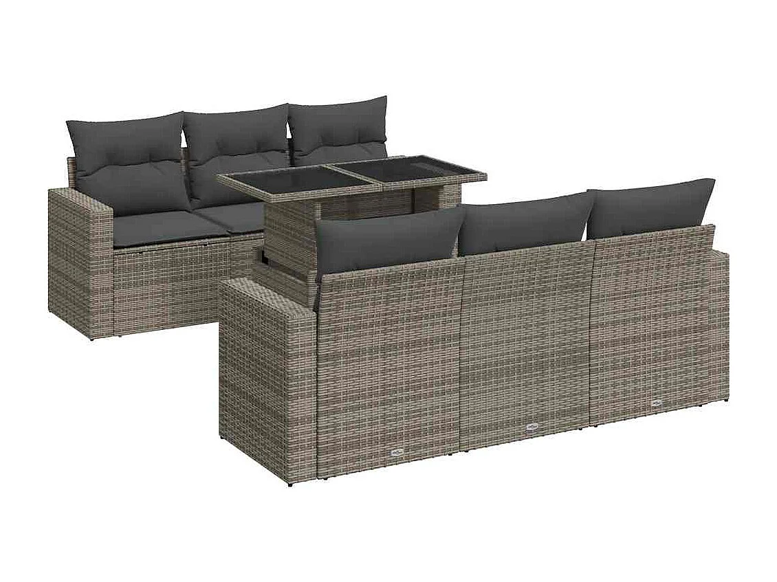 Salon de jardin avec coussins 7 pcs gris résine tressée