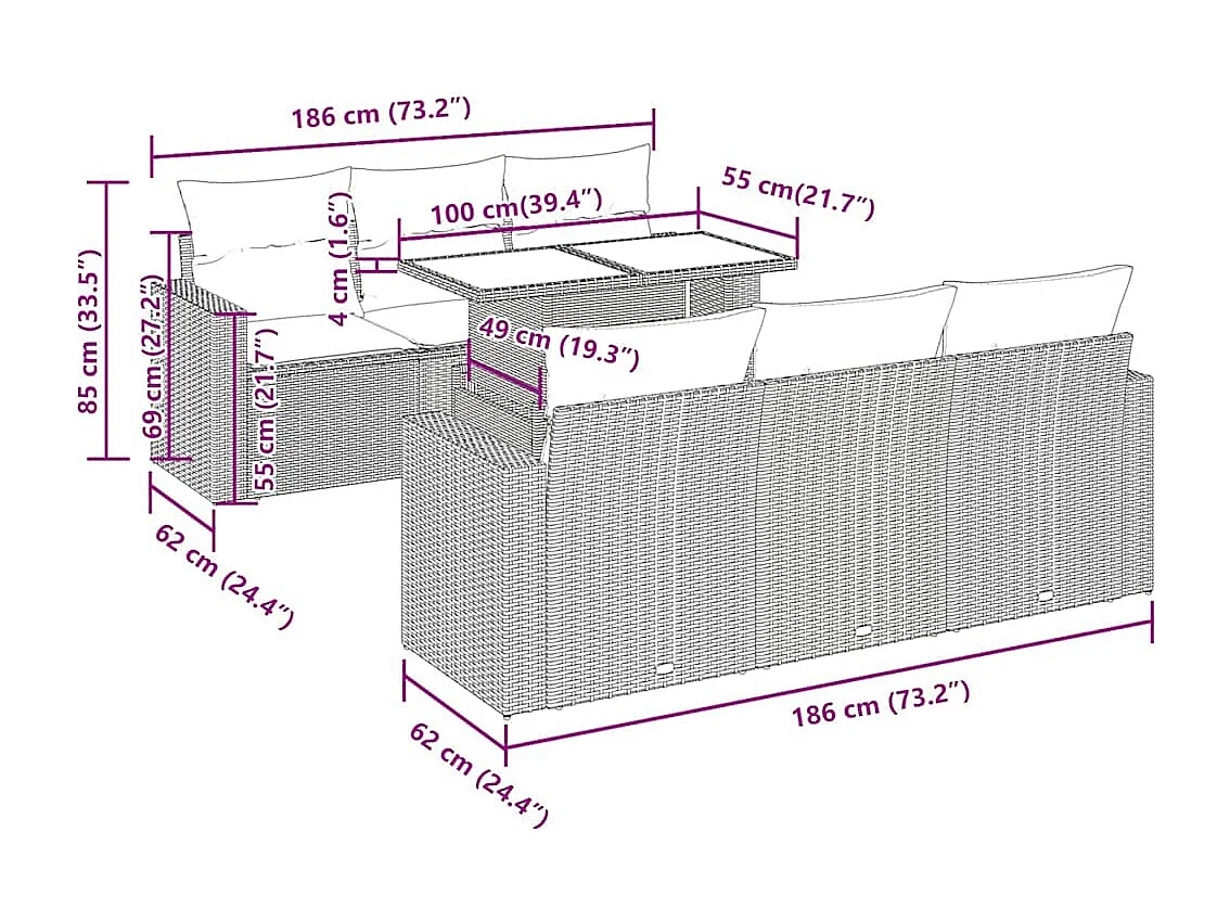 7-delige Loungeset met kussens poly rattan grijs