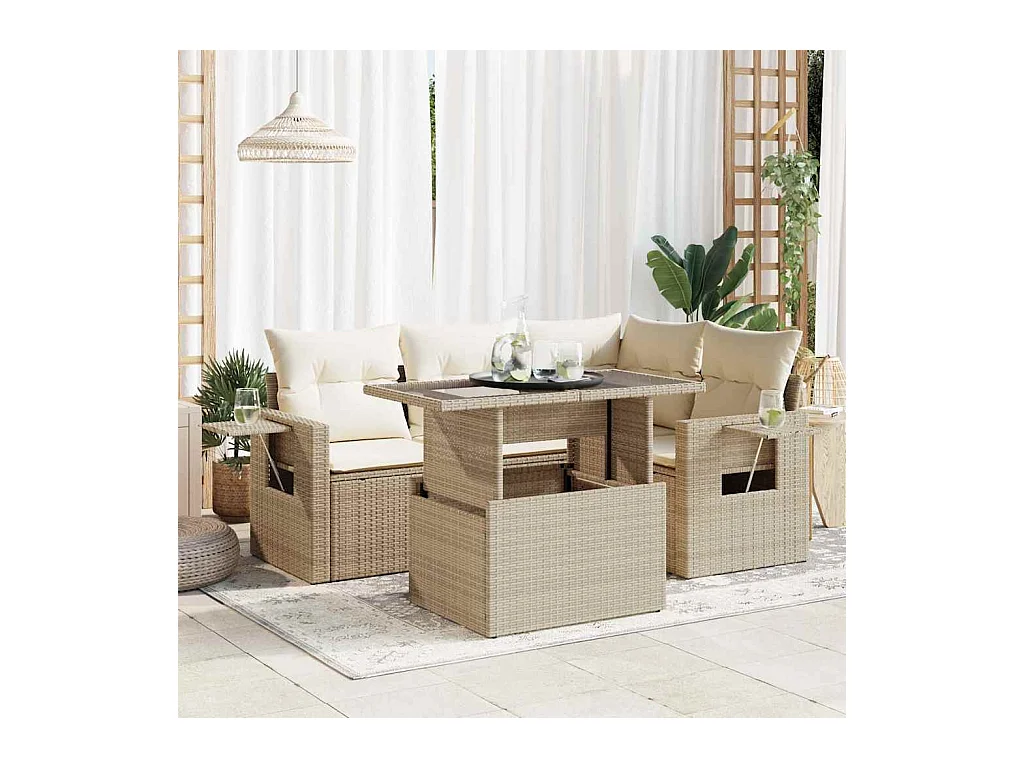 Salon de jardin avec coussins 5 pcs beige résine tressée