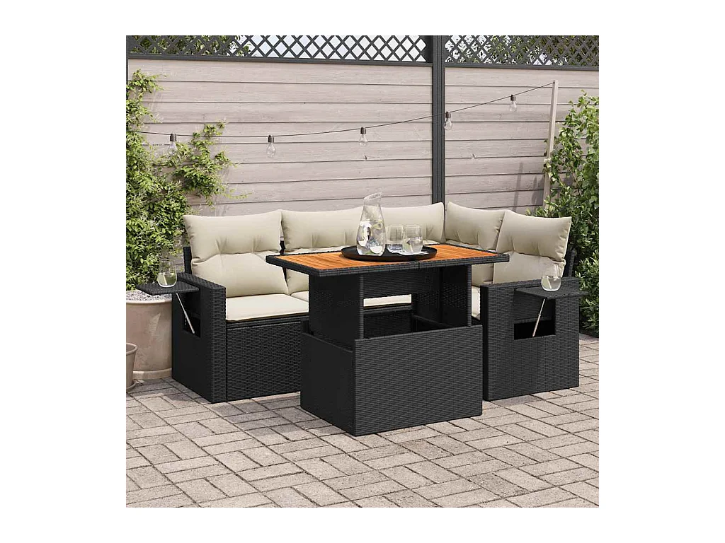 Salon de jardin 5 pcs avec coussins noir résine tressée