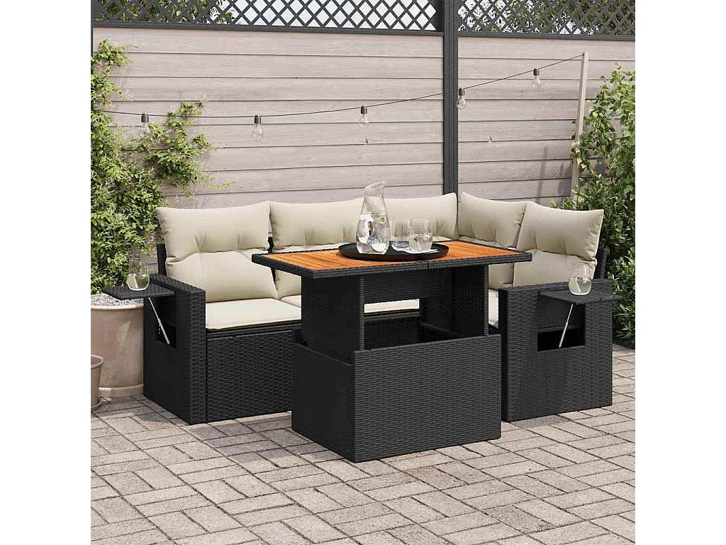 Salon de jardin 5 pcs avec coussins noir résine tressée