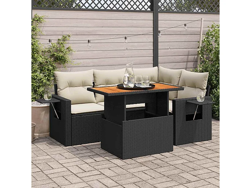 Salon de jardin 5 pcs avec coussins noir résine tressée